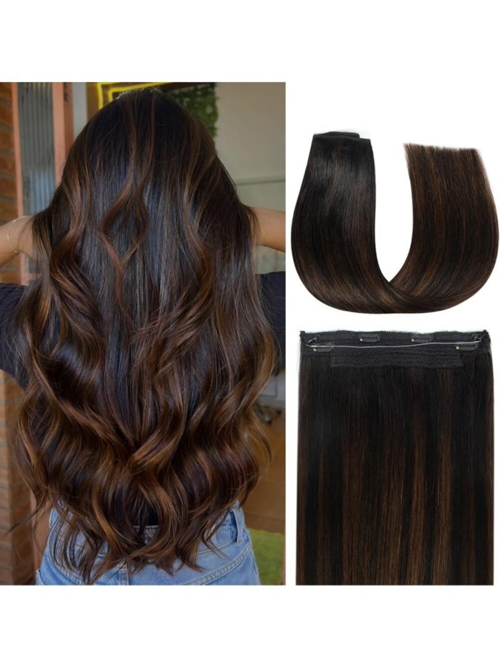 18" Real Human Hair Halo Extensions - Natural Black with Chocolate Brown
